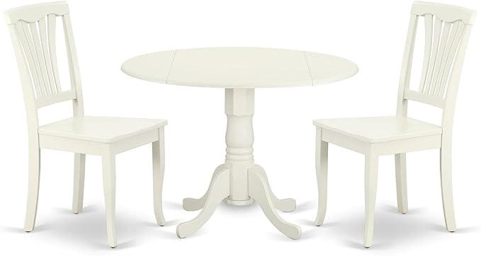 East West Furniture DLAV3-LWH-W 3 Piece Dining Table Set for Small Spaces Contains a Round Dining Room Table with Dropleaf and 2 Wood Seat Chairs, 42x42 Inch, Linen White