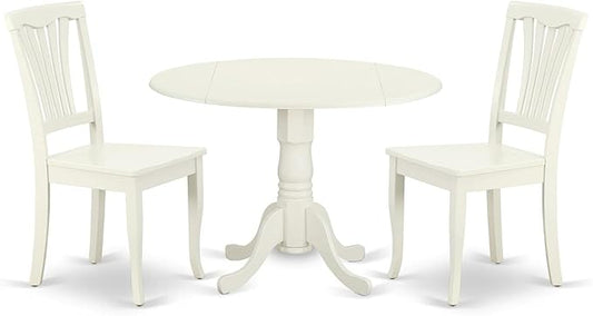 East West Furniture DLAV3-LWH-W 3 Piece Dining Table Set for Small Spaces Contains a Round Dining Room Table with Dropleaf and 2 Wood Seat Chairs, 42x42 Inch, Linen White