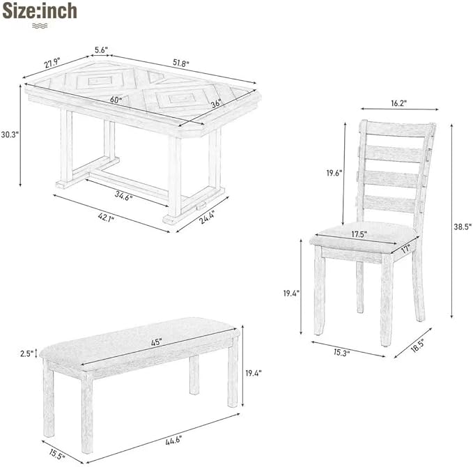 Ball & Cast 6 Piece Wood Dining Table Set with 4 Upholstered Chairs & 1 Bench,Kitchen Table and Chairs for 6 W/ 51.8" Rectangle Desk,for Restaurant,Home Bistro,Natural Wood Wash