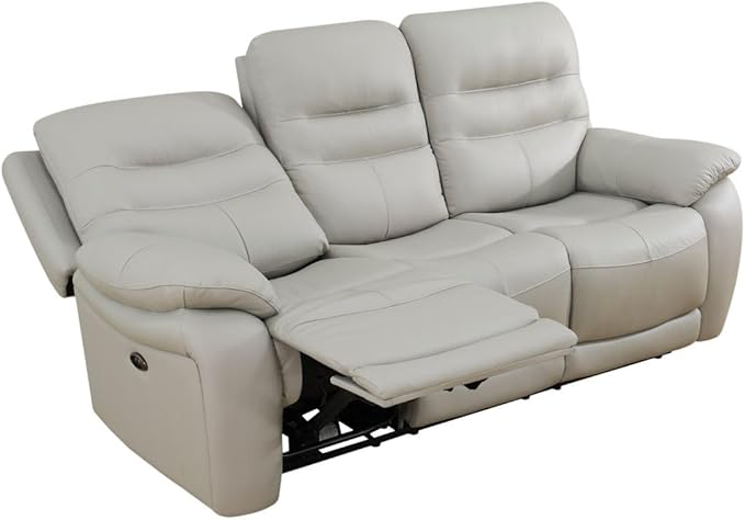 Electric Power Recliner Sofa Genuine Breathing Leather Recliner Couch 3-Seater, Comfy Wide Lazy Top Grain Leather Sofa with USB Port for Living Room (Grey, Three-Seater Sofa)