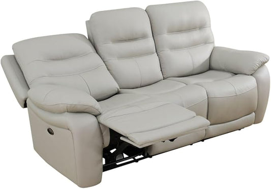 Electric Power Recliner Sofa Genuine Breathing Leather Recliner Couch 3-Seater, Comfy Wide Lazy Top Grain Leather Sofa with USB Port for Living Room (Grey, Three-Seater Sofa)