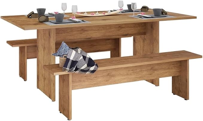 Manhattan Comfort Nomad 3 Piece Dining Set for 6 with Modern Kitchen Table and 2 Benches, Farmhouse Furniture with Rustic Wood Grain Finish, Pedestal Base, Easy Assembly, Dining Set, Nature