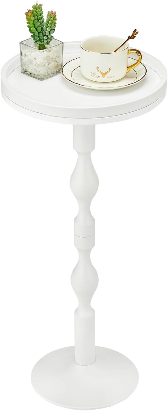 Small Round Drink Table,Pedestal Tables,Small Round Side Table for Narrow Spaces,End Table for Living Room, Bedroom, Bathroom,Balcony (White)