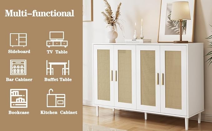 Sideboard - Buffet Cabinet with Storage, Rattan Storage Cabinet with 4 Doors and Adjustable Shelves, Accent Sideboard with Solid Wood Leg for Living Room (White)