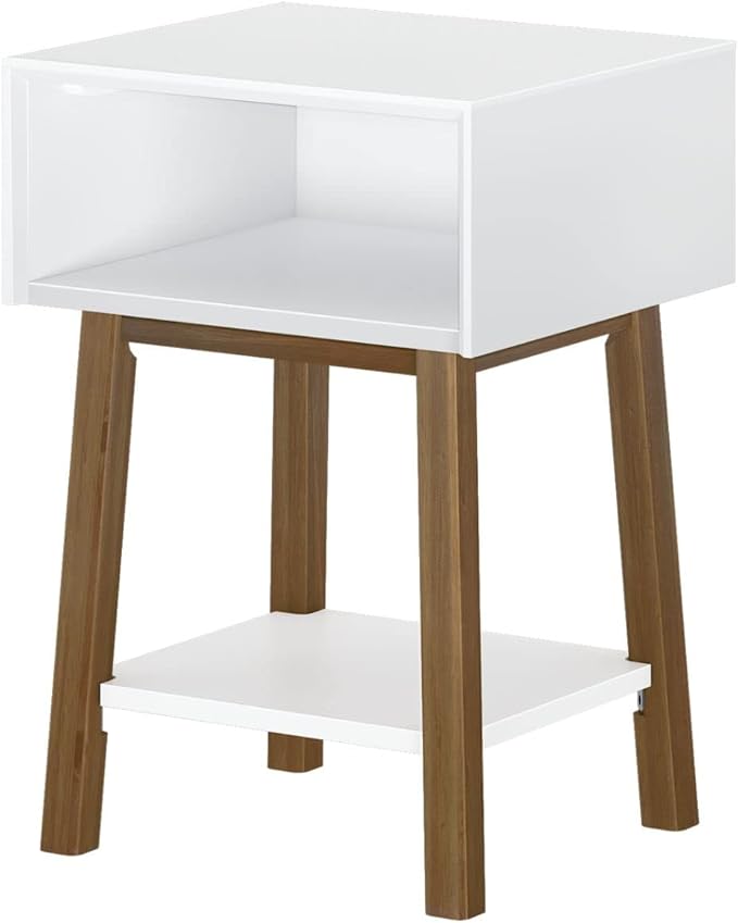 Plank+Beam Wooden Side Table with Cubby Storage Shelf, Mid Century Modern End Tables for Living Room, Small Solid Wood Nightstand, Bedside Tables, Bedroom Furniture, White/Pecan