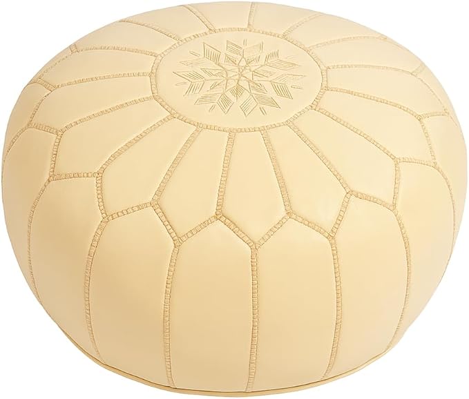 Stuffed Round Design Moroccan Leather Pouf Ottoman, Handmade, Pre-Filled, 100% Genuine Leather, 13” Height x 20” Diameter, Footstool & Living Room Décor (Cream)