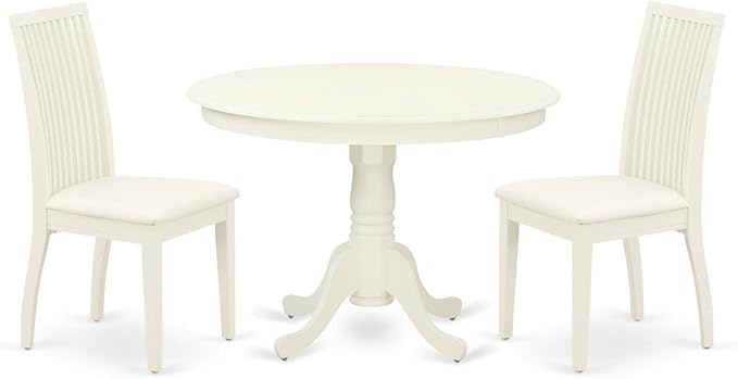 East West Furniture HLIP3-LWH-C 3 Piece Modern Dining Table Set Contains a Round Wooden Table with Pedestal and 2 Linen Fabric Upholstered Dining Chairs, 42x42 Inch, Linen White
