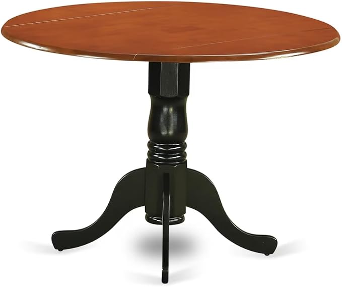 East West Furniture DLAN3-BCH-C 3 Piece Dining Room Table Set Contains a Round Kitchen Table with Dropleaf and 2 Linen Fabric Upholstered Dining Chairs, 42x42 Inch, Black & Cherry