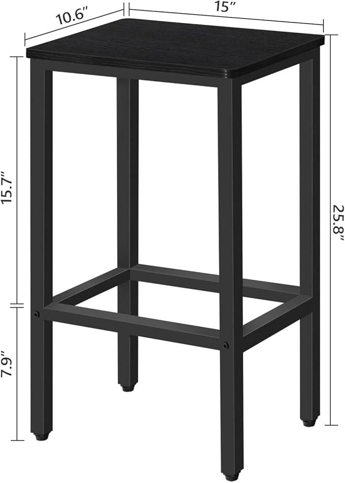 Bar Stools, Set of 2 Bar Chairs with Footrest, 2-Piece Dining Stools, 25.8-Inch Height, Rectangular Industrial Bar Stools, Strong Metal Frame, for Dining Room, Kitchen, Black BAHB0101