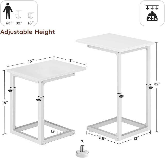 Vagusicc C Shaped End Table, 33" Tall Couch Table Adjustable Height Side Table, Sofa Table That Slide Under, C Table End Table TV Tray Coffee Arm Table for Living Room, Bedroom, Small Spaces, White