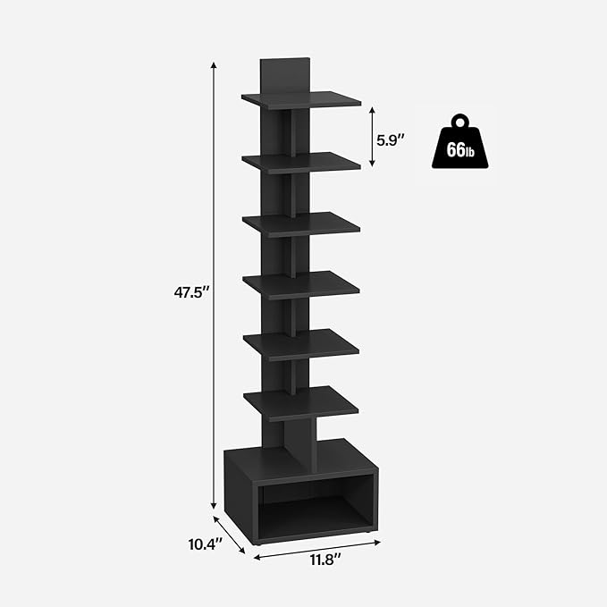 TUTOTAK Narrow Bookshelf, Vertical 8-Tier Bookcase, Spine Book Shelf for Small Space, Small Standing Shelf for Living Room, Office, Study, Entryway, Black BS07BK008