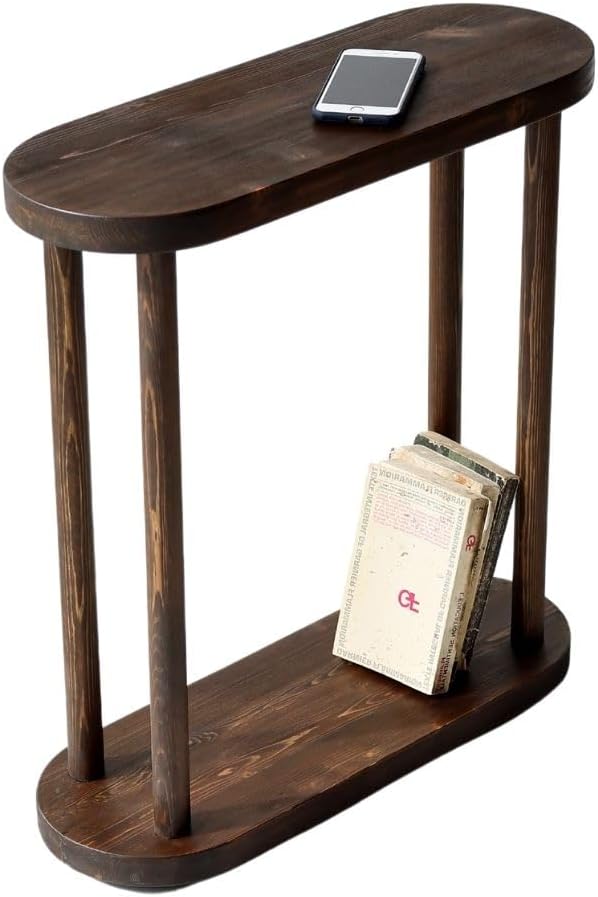 Oval Solid Wood Narrow Side Table, Slim End Table, Small Coffee Table (Dark Walnut, Medium)