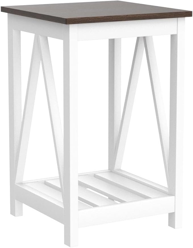 ChooChoo Farmhouse End Table, Rustic Vintage End Side Table with Storage Shelf for Small Spaces, Nightstand Sofa Table for Living Room, Bedroom White 2 Pack
