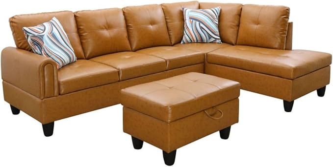Ginger L-Shaped 3-Piece Faux Leather Sofa with Storage Ottoman Set, Sectional Couch Sofa Set for Living Room, Office, Small Space