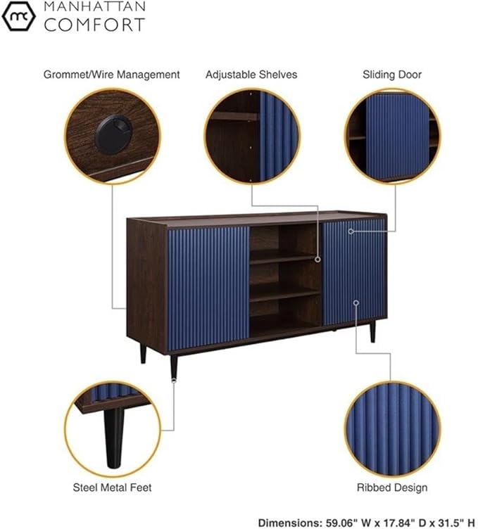 Manhattan Comfort Duane 59-Inch Ribbed Mid Century Modern Sideboard, Versatile Dining & Living Room Buffet Table with 3 Adjustable Center Shelves & 2 Side Cabinets, Navy Blue