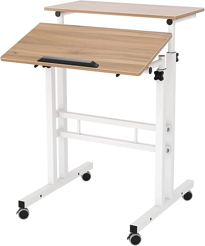 soges 23.6inches Height Adjustable Desk Laptop Desk on The Wheels, Rolling Stand Up Desk Computer Desk Adjustable Standing Desk Sit and Stand Desk Portable Laptop Table, Oak