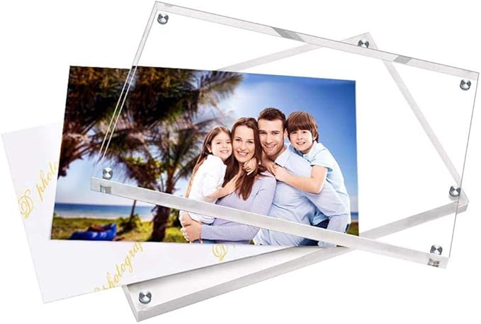 HELPLEX 5 Pack 4x6 Acrylic Picture Frames, 20mm Thicker Frameless Clear Frame Double Sided Magnetic Frame, Free Standing Desktop Display Stand Acrylic Frames