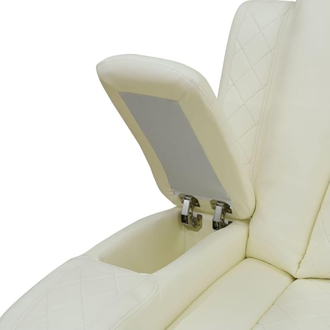 Electric Power Recliner Sofa Living Room Furniture, Comfy Home Theater Breathing Leather Seating with USB 2.0 Charging Ports, LED Light Strips, Fold-Down Table & Wireless Charging Device (White)