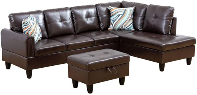 Brown L-Shaped 3-Piece Faux Leather Sofa with Storage Ottoman Set, Sectional Couch Sofa Set for Living Room, Office, Small Space