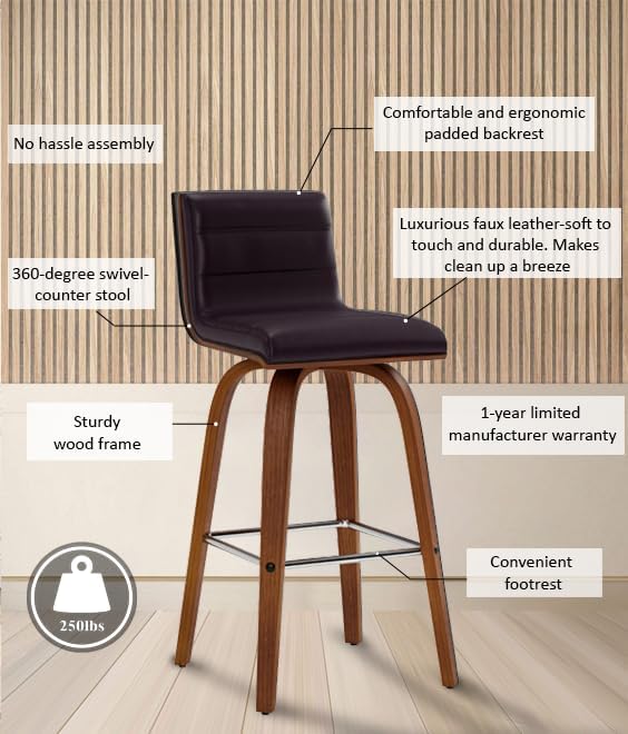 Armen Living Vienna 26" Counter Height Swivel Brown Faux Leather and Walnut Wood Bar Stool