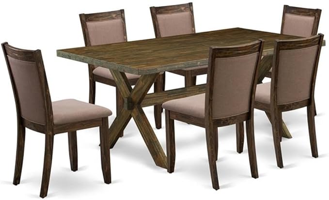 East West Furniture X777MZ748-7 7 Piece Dinette Set Consist of a Rectangle Dining Room Table with X-Legs and 6 Coffee Linen Fabric Parsons Dining Chairs, 40x72 Inch, Multi-Color