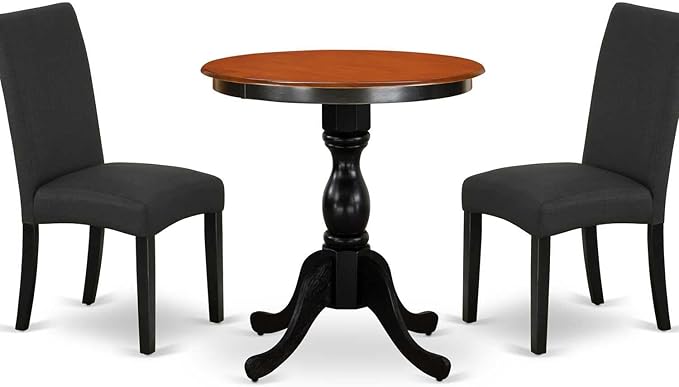 East West Furniture ESDA3-BCH-C 3 Piece Dinette Set for Small Spaces Contains a Round Dining Table with Pedestal and 2 Linen Fabric Upholstered Dining Chairs, 30x30 Inch, Black & Cherry