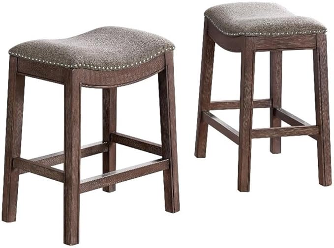 Williston Dark Brown Wood Counter Height Stool Set of 2, 18.25 in. W Seat with Linen-Like Fabric & Silver Satin Nail Heads, Kitchen Furniture Bar Stools w/Solid Rubberwood Frame & Metal Kick Plate
