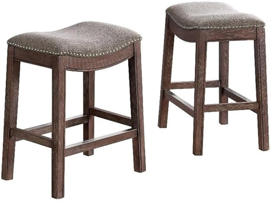Williston Dark Brown Wood Counter Height Stool Set of 2, 18.25 in. W Seat with Linen-Like Fabric & Silver Satin Nail Heads, Kitchen Furniture Bar Stools w/Solid Rubberwood Frame & Metal Kick Plate