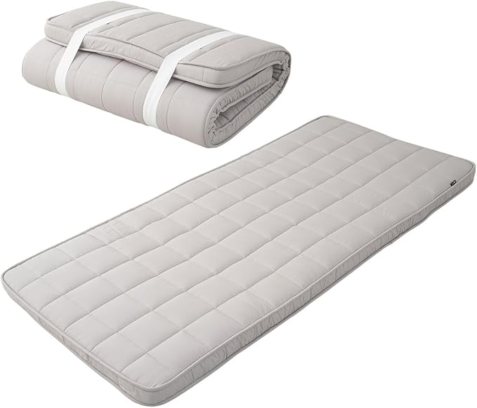EMOOR Japanese Padded Futon Mattress Machi Small-Twin Gray, Gusset Foldable Storable Elastic Bands Floor Sleeping Guest Bed Tatami Mat