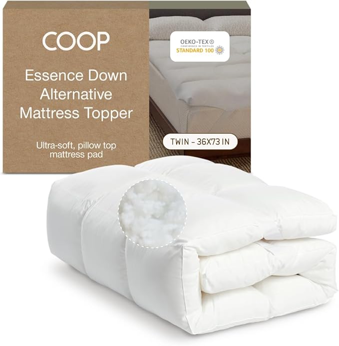 Coop Home Goods Essence Down Alternative Mattress Topper Twin, Plush 2-Inch Gusset and Baffle Box Design for Even Support and Comfort, Premium Bed Topper for Pressure Relief, Oeko-TEX Certified