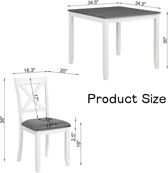 Dining Table Set for 4, 5-Piece Kitchen Table & Chairs Set with Square Table & 4 Fabric Upholstered Chairs, 34.5'' Dinner Set with X-Shaped Backrest & Non-Slip Feet for Kitchen, White&Gray