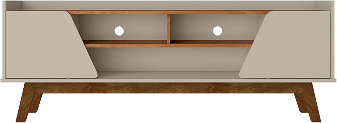 Manhattan Comfort Marcus Mid Century Modern 65 Inch TV Stand with Solid Wood Legs, Cable Management, 5 Shelves and Soft Close Doors, Entertainment Center and Media Console for Living Room, Off White
