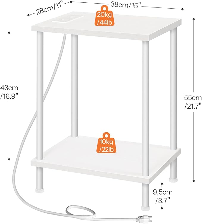 HOOBRO Side Table with Charging Station, End Table with USB Ports and Outlets, Nightstand with 2-Layer Storage Shelves for Small Spaces, Living Room, Bedroom, White WW09UBZ01