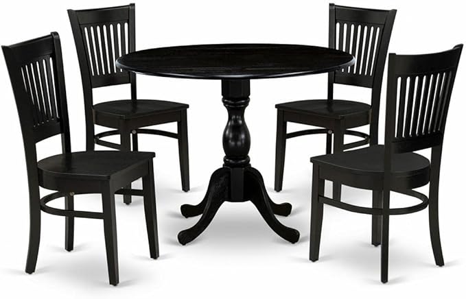 East West Furniture DMVA5-BLK-W 5 Piece Dinette Set for 4 Includes a Round Dining Room Table with Dropleaf and 4 Dining Chairs, 42x42 Inch, Black