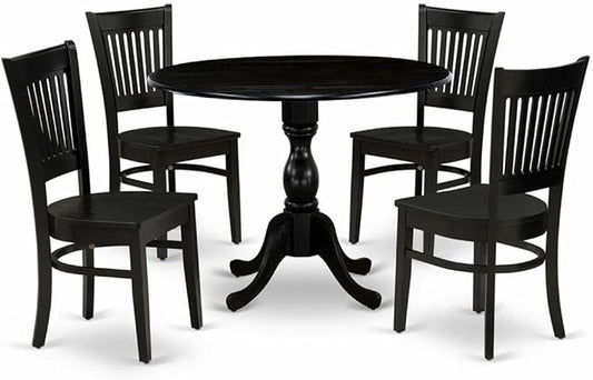 East West Furniture DMVA5-BLK-W 5 Piece Dinette Set for 4 Includes a Round Dining Room Table with Dropleaf and 4 Dining Chairs, 42x42 Inch, Black