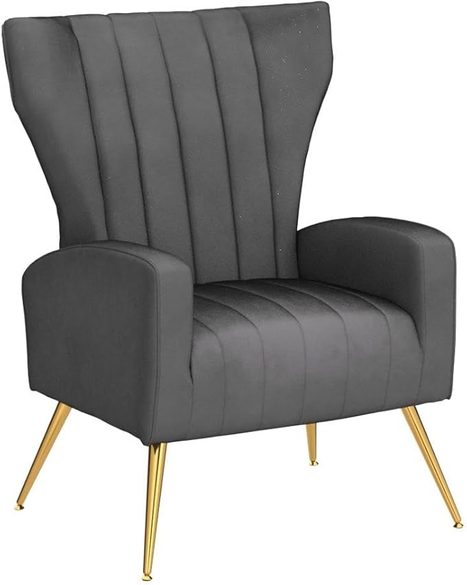 Container Furniture Direct Modern Velvet Accent Chair, Channel Tufted Bedroom, Office or Living Room Furniture with Elegant Metal Legs, 26" Wide Armchair, Grey