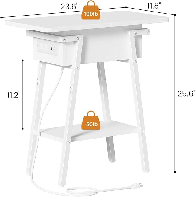 End Table with Charging Station, Flip Top Side Table with USB Ports and Outlets, Bedside Tables for Small Spaces,Nightstand with Storage Shelf for Living Room, Bedroom, White