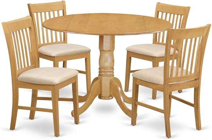 East West Furniture DLNO5-OAK-C 5 Piece Kitchen Table & Chairs Set Includes a Round Dining Room Table with Dropleaf and 4 Linen Fabric Upholstered Dining Chairs, 42x42 Inch, Oak