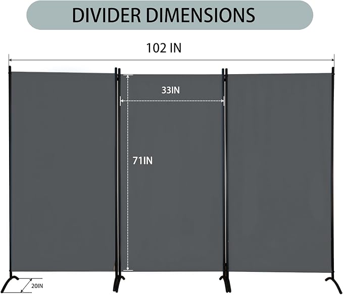 Room Divider 3-Panel Privacy Screen, Portable Screen Steel Frame with Hook&Loop for Home, Office, Classroom, Studio, Meeting (Grey
