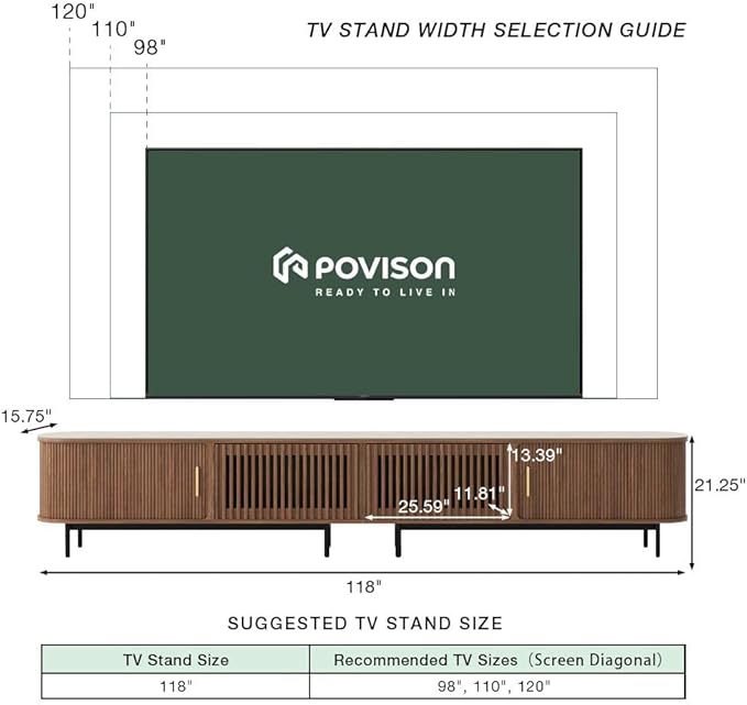 POVISON Fully-Assembled Mid Century Modern Black TV Stand with White Matte Travertine Stone Tabletop & LED Lights, Rolling Door Media Console, Wood TV Console for Living Room