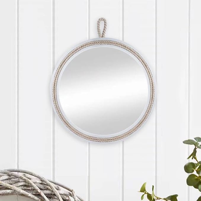 Nautical Round Wall Mirror with Rope 20'' White Circle Hanging Mirror Nursery Coastal Beachy Wall Mirror Decorative Mirror for Bathroom,Livingroom,Entryway-Nautical Theme Décor