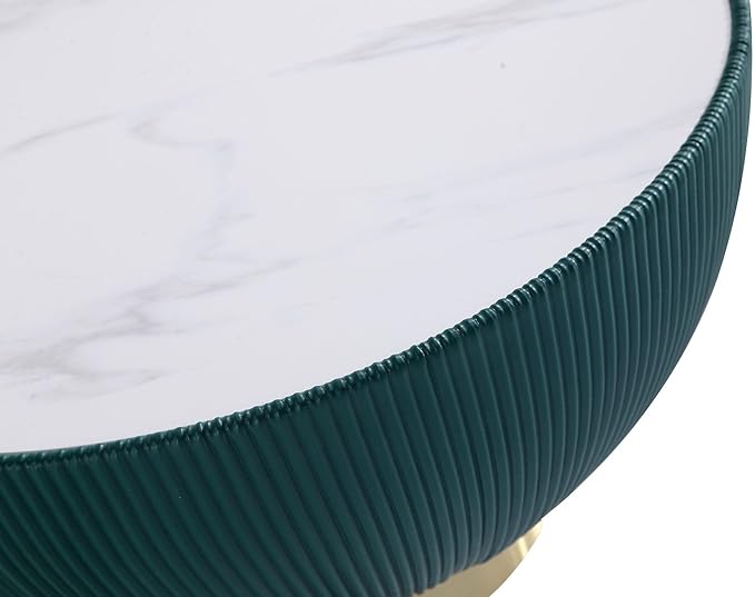 Manhattan Comfort Anderson Modern 28.15" Round Coffee Table 2.0 - Ceramic Marble Tabletop, Elegant Pleated Leatherette Details & Gold Base, Fully Assembled Accent Furniture, Set of 1, Green