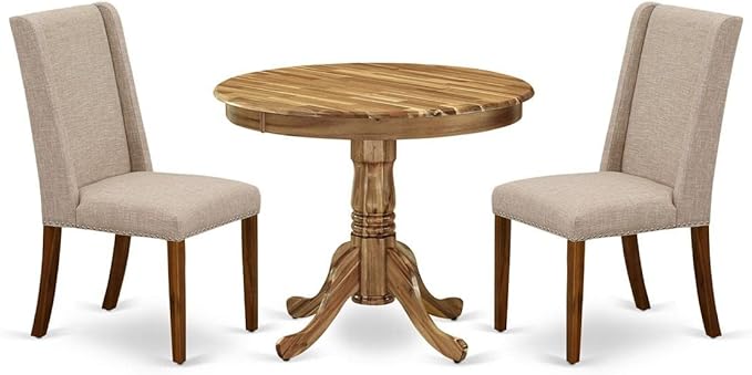 East West Furniture ANFL3-ANA-04 3 Piece Kitchen Table Set Contains a Round Dining Room Table with Pedestal and 2 Light Tan Linen Fabric Upholstered Chairs, 36x36 Inch, Natural