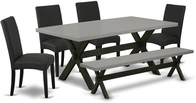 East West Furniture X697DR124-6 6 Piece Dining Set Contains a Rectangle Dining Room Table with X-Legs and 4 Black Color Linen Fabric Parson Chairs with a Bench, 40x72 Inch, Multi-Color