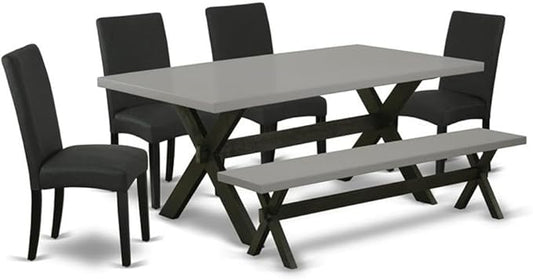 East West Furniture X697DR124-6 6 Piece Dining Set Contains a Rectangle Dining Room Table with X-Legs and 4 Black Color Linen Fabric Parson Chairs with a Bench, 40x72 Inch, Multi-Color
