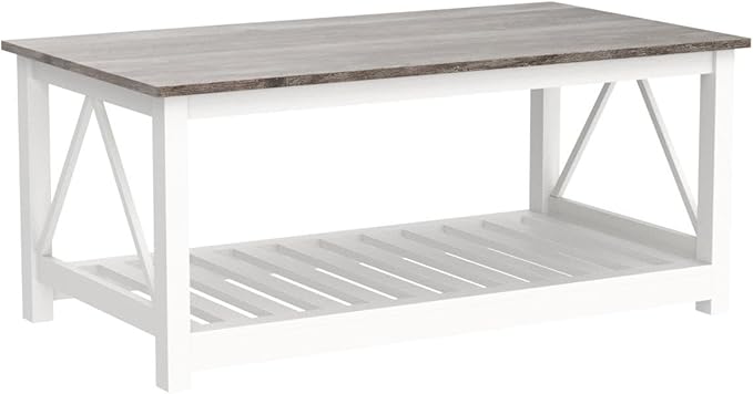 Farmhouse Coffee Table, White Oak Coffee Table for Living Room, 2-Tier Rectangular Wooden Centre Cocktail Table with Slats Shelf Storage and V-Shaped Frame Modern Coffee Oak Grey