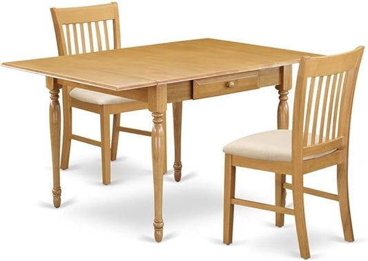 East West Furniture MZNO3-OAK-C 3 Piece Dining Table Set for Small Spaces Contains a Rectangle Dining Room Table with Dropleaf and 2 Linen Fabric Upholstered Chairs, 36x54 Inch, Oak