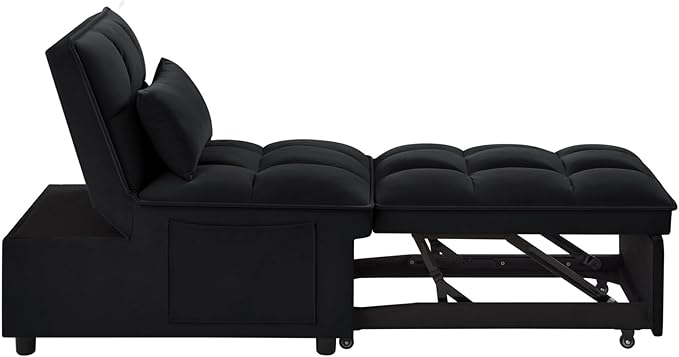 KEIKI Velvet Single Convertible Sleeper Chair Sofa Bed with Adjustable Backrest, Pillows & Storage Pockets, 3 in 1 Pull-Out Couch Chaise Lounge Recliner for Living Room Balcony Bedroom, Black