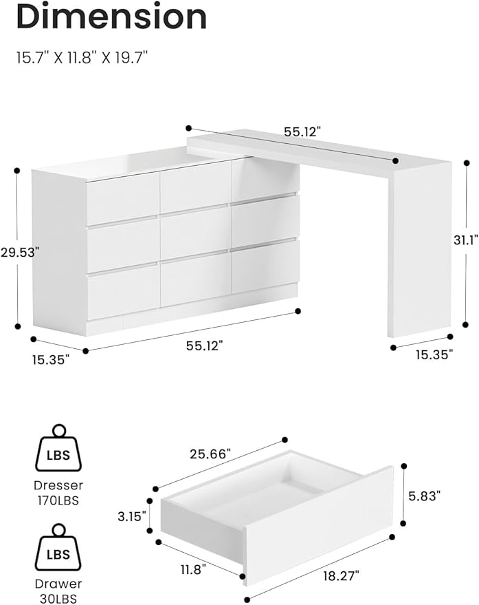 9 Drawer Vanity Dresser Combo with Extendable Table & L-Shaped Desk, White MDF Large Dresser with Deep Storage for Bedroom, Adjustable Desk and Vanity Combo for Small Spaces
