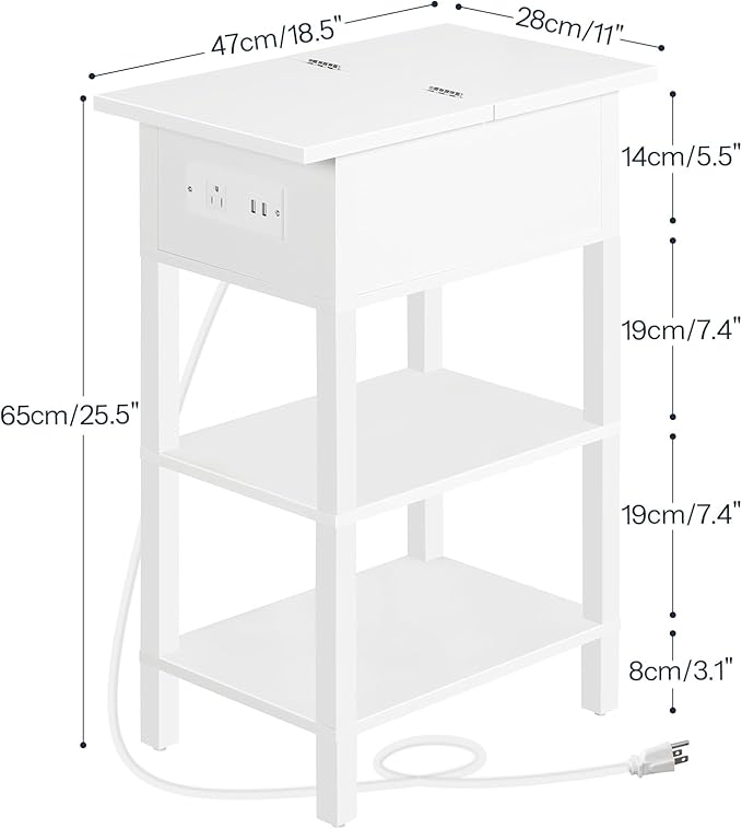 HOOBRO End Table with Charging Station, Flip Top Side Table with USB Ports, Narrow Nightstand Bedside Tables with Storage Shelves, for Small Space, Living Room, White WT141UBZ01